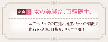 秘密3 女の美脚は、百難隠す。 エアーバッグの圧迫と指圧パッドの刺激で血行を促進。目指せ、スッキリキャラコ脚！ 