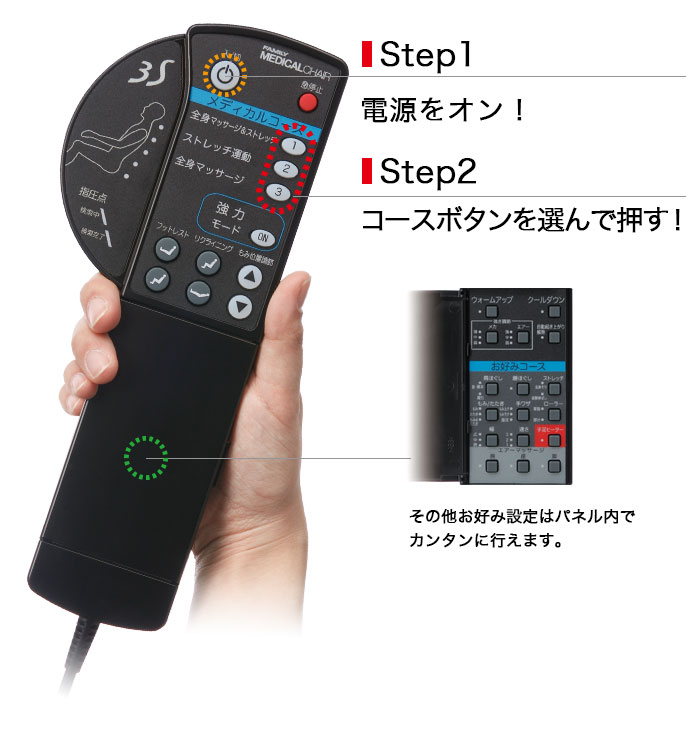 step1電源をオン、step2コースボタンを選んで押す